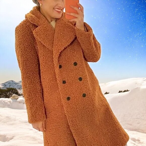 J CREW Double Breasted Teddy Sherpa Topcoat Coat Adobe Clay Brown NEW! - Picture 6 of 13